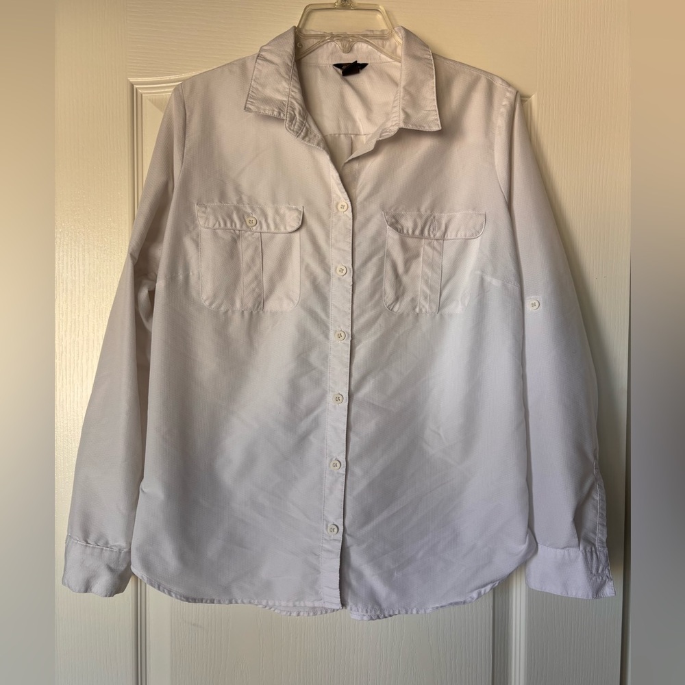 Eddie Bauer‎ Womens Departure Long Sleeve Sun Shirt UPF Large white fish camp